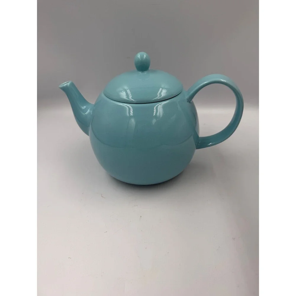 Turquoise Blue Ceramic Teapot with Lid Round Glossy Tea Pot 6 inch